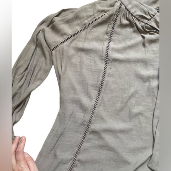 Free People Light Taupe Button Front Tie Neck Blouse - Picture 8 of 11